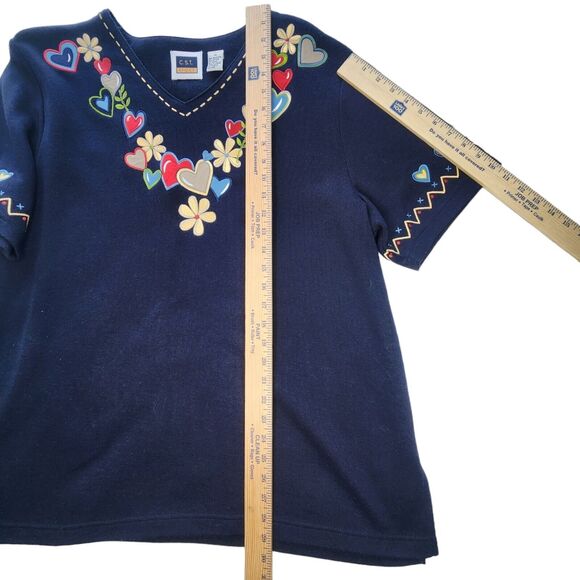 Vintage Womens Short Sleeve Embroidered Blouse Size 1X Flowers Hearts Navy Blue - Picture 7 of 8